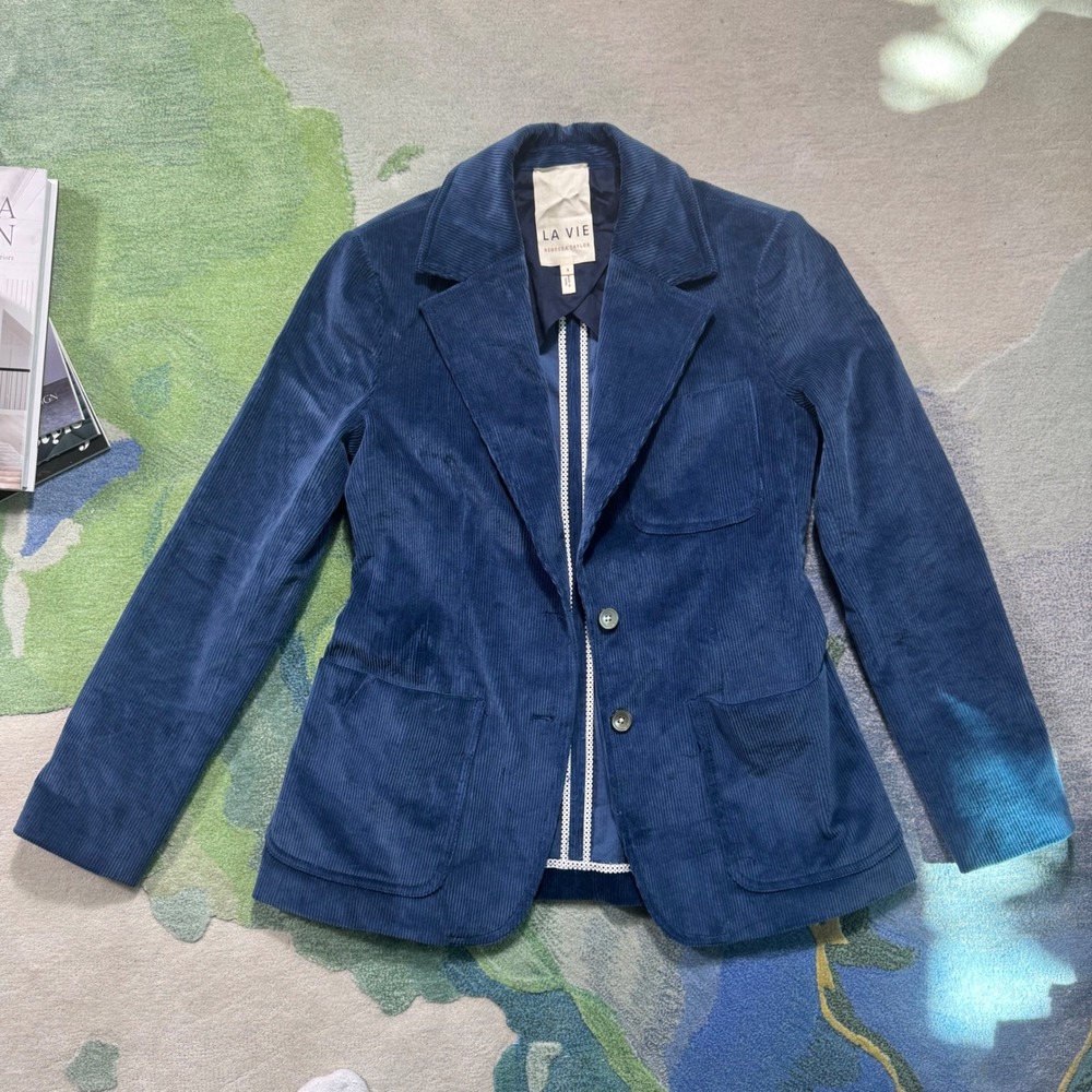 La Vie Rebecca Taylor Blue Corduroy Blazer Jacket 718742J833 Womens Small